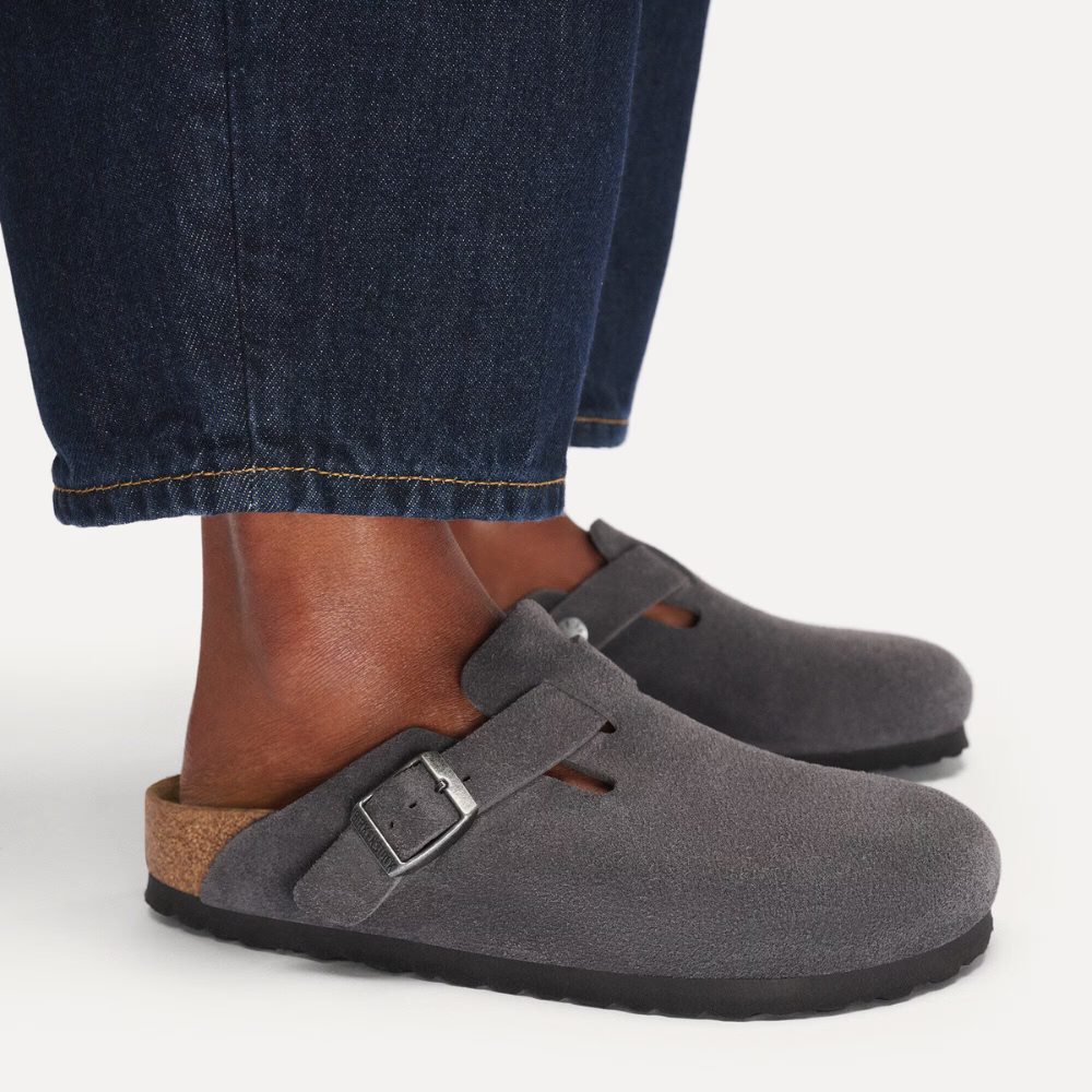 Birkenstock Boston Suède Charcoal Smal Voetbed Unisex Instapper