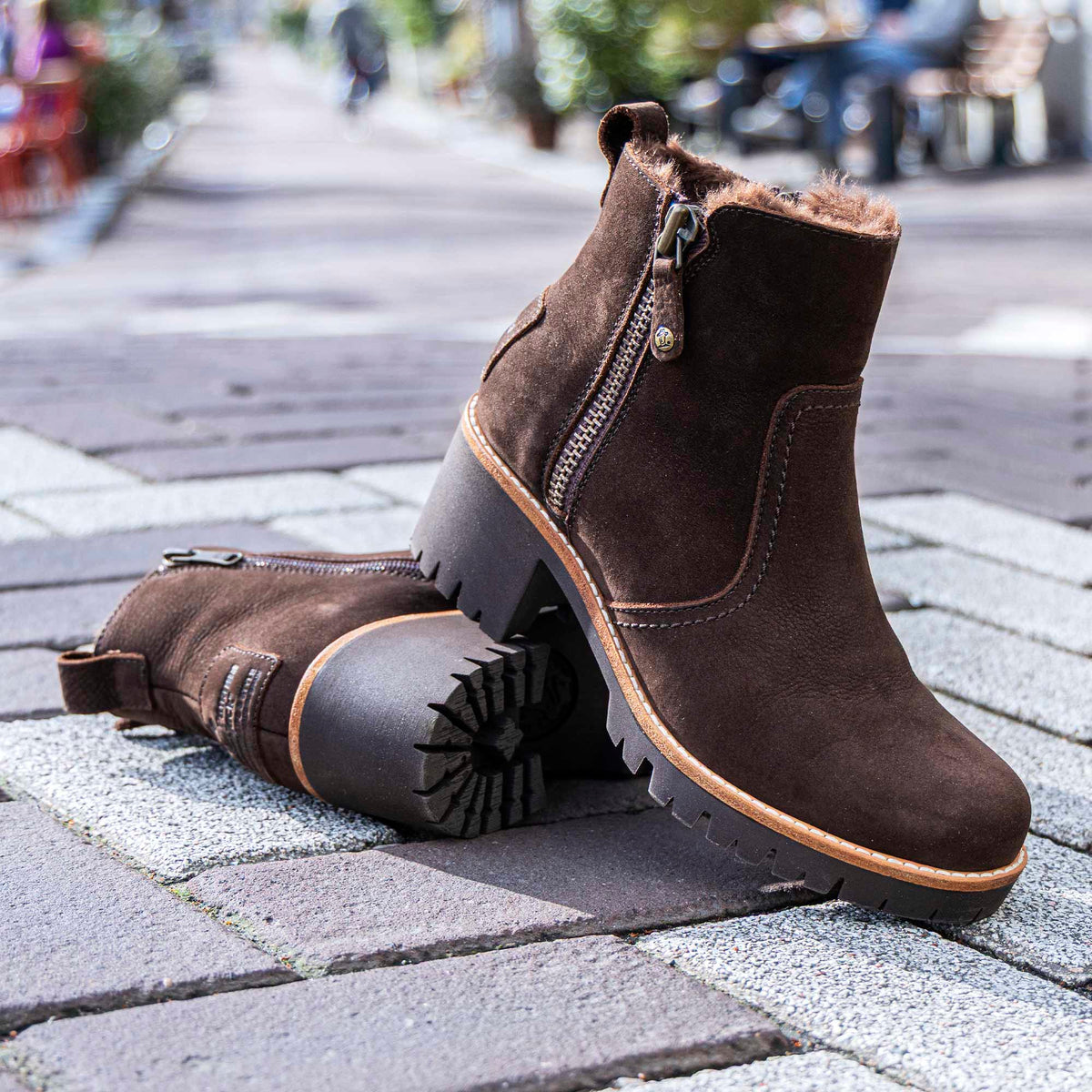 Panama Jack Pauline B19 Bruin Nubuck Dames Enkellaars met Hak en Bont
