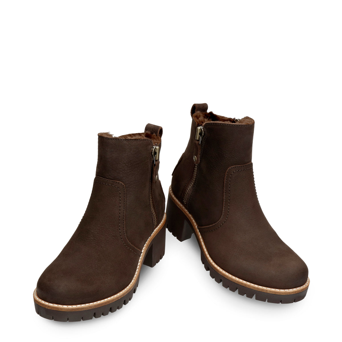 Panama Jack Pauline B19 Bruin Nubuck Dames Enkellaars met Hak en Bont