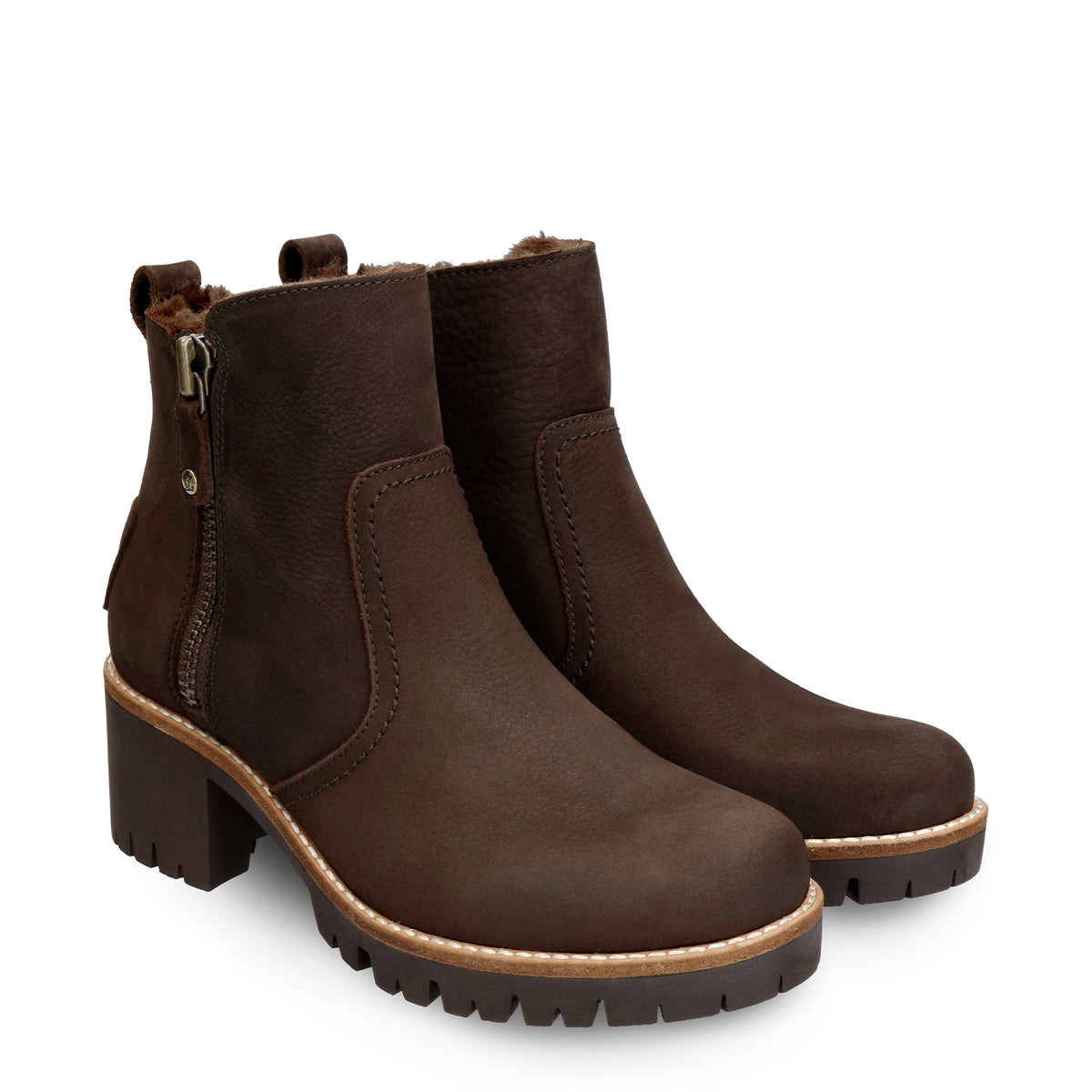 Panama Jack Pauline B19 Bruin Nubuck Dames Enkellaars met Hak en Bont