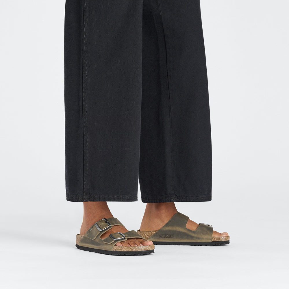Birkenstock Arizona Vetleer Groen Smal Voetbed Unisex Slipper