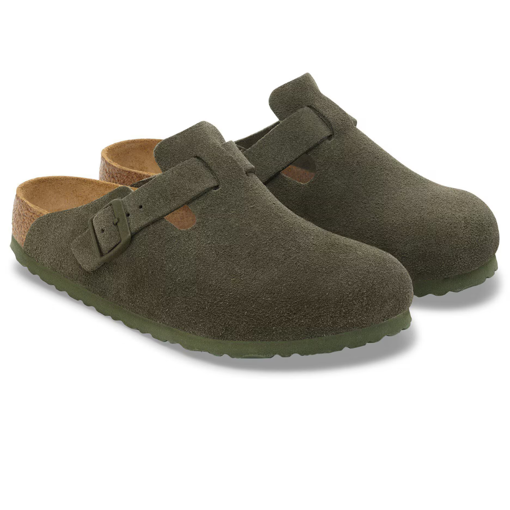 Birkenstock Boston Suede Smal Voetbed Groen Unisex Instapper