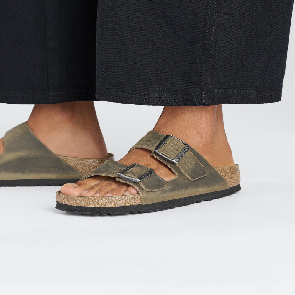 Birkenstock Arizona Vetleer Groen Smal Voetbed Unisex Slipper