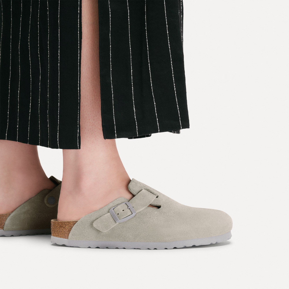 Birkenstock Boston Suède Zacht Voetbed Grijs Unisex Instapper Smal Voetbed