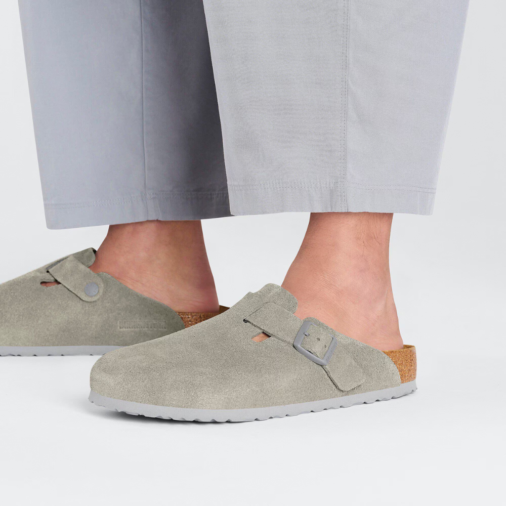 Birkenstock Boston Suède Grijs Smal Voetbed Unisex Instapper